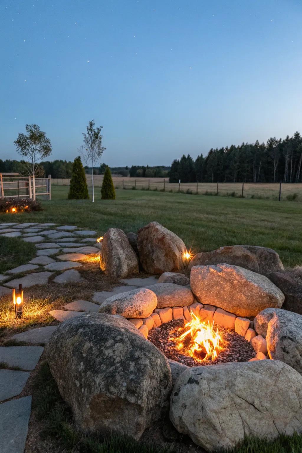 A boulder fire pit makes a dramatic and beautiful statement.