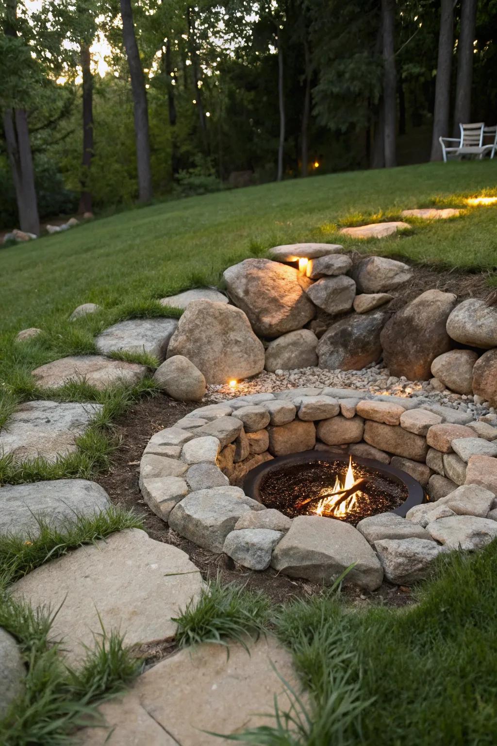 An in-ground stone fire pit offers unique charm and wind protection.