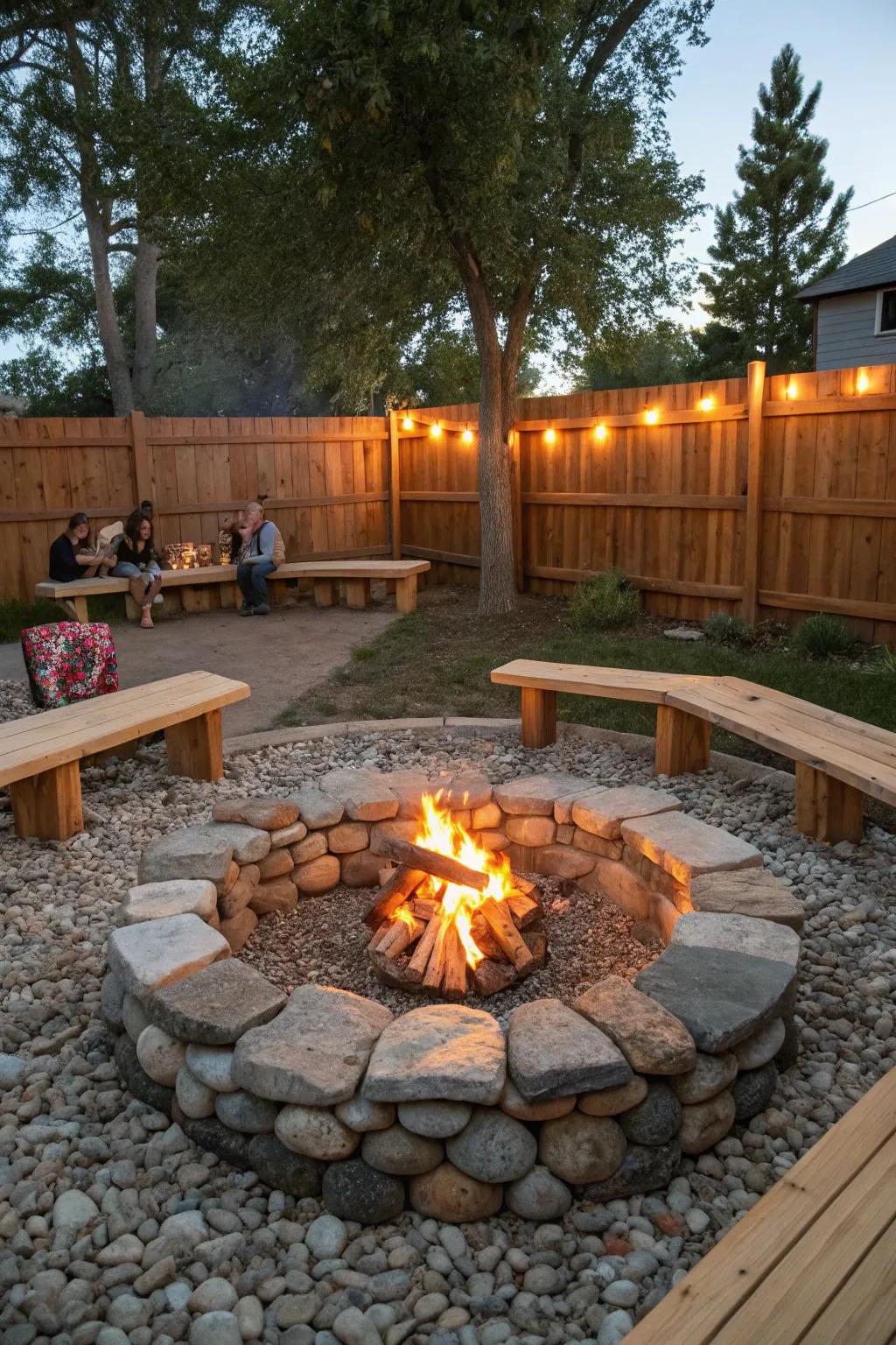 A rustic fieldstone fire pit offers a naturally charming focal point.