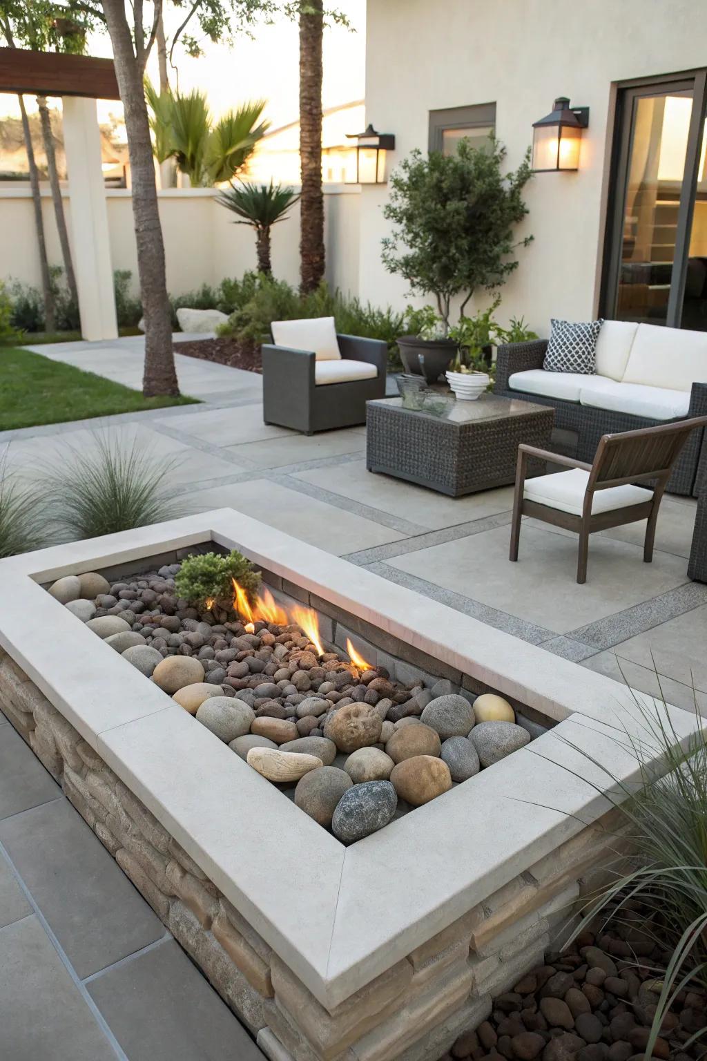 A rectangular stone fire pit brings a sleek, modern touch to outdoor spaces.