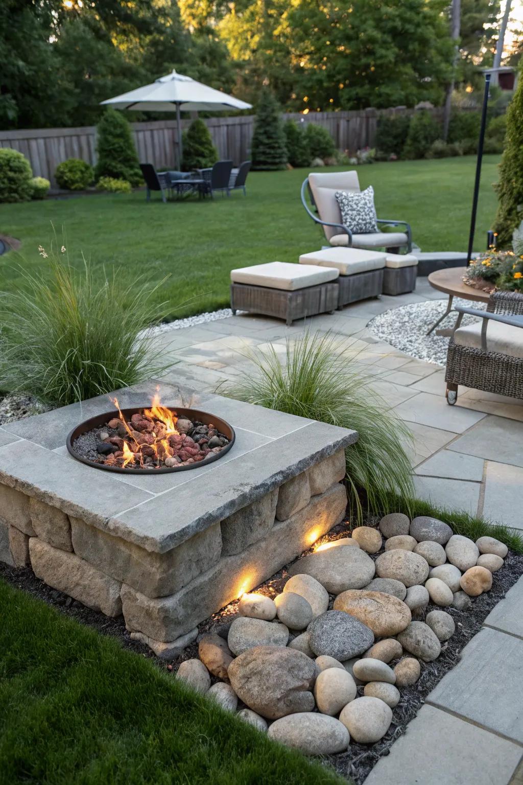A raised stone fire pit is a grand focal point for any backyard.