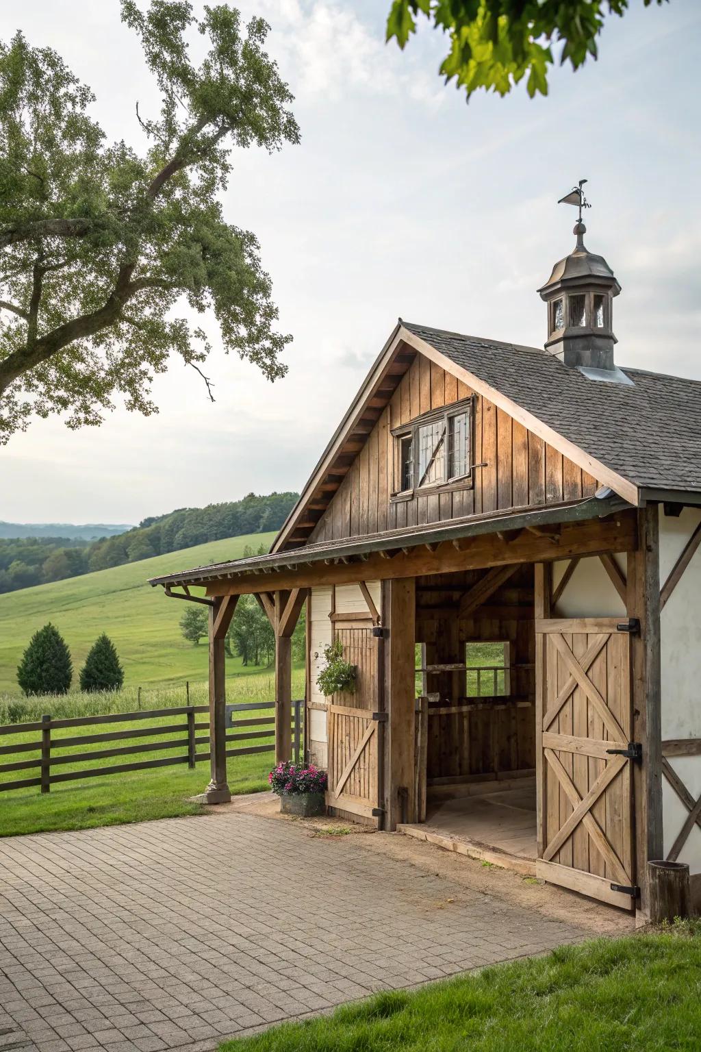 Rustic wooden beams add charm to this small horse barn.