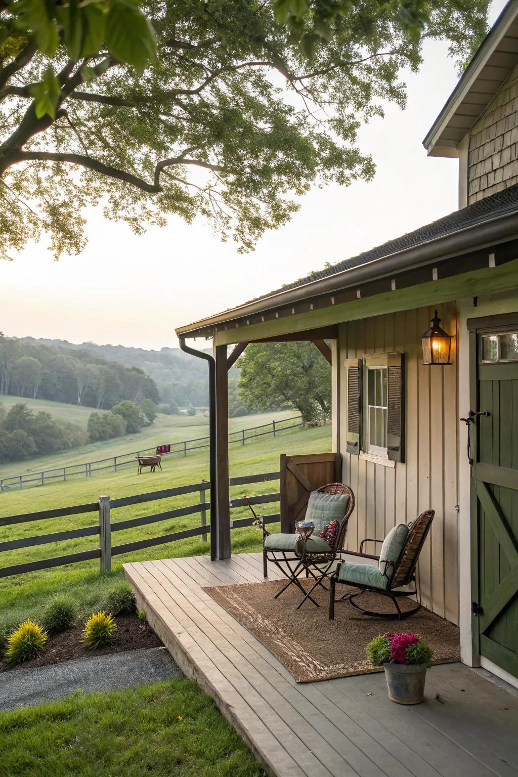 A porch adds a charming relaxation space.
