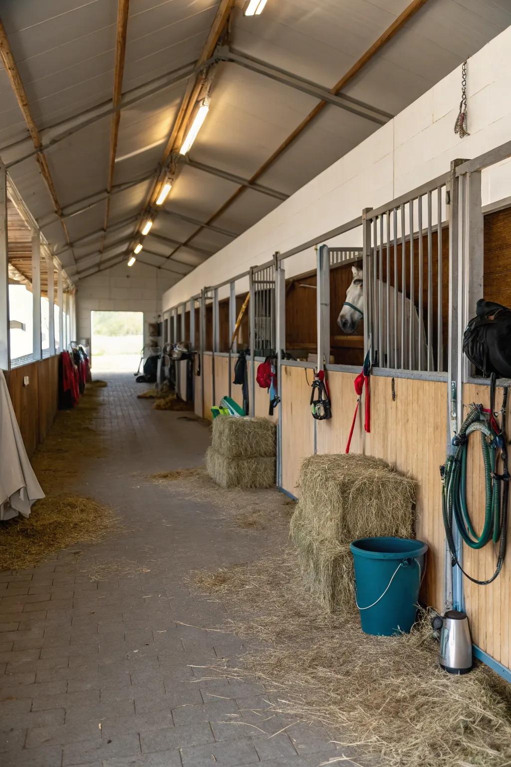 A well-organized small horse barn interior with smart use of space.
