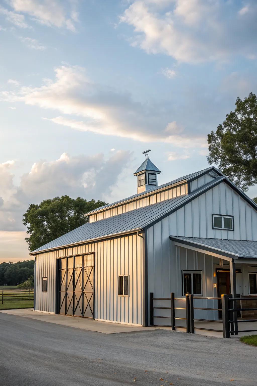 A modern small horse barn with a durable metal exterior.