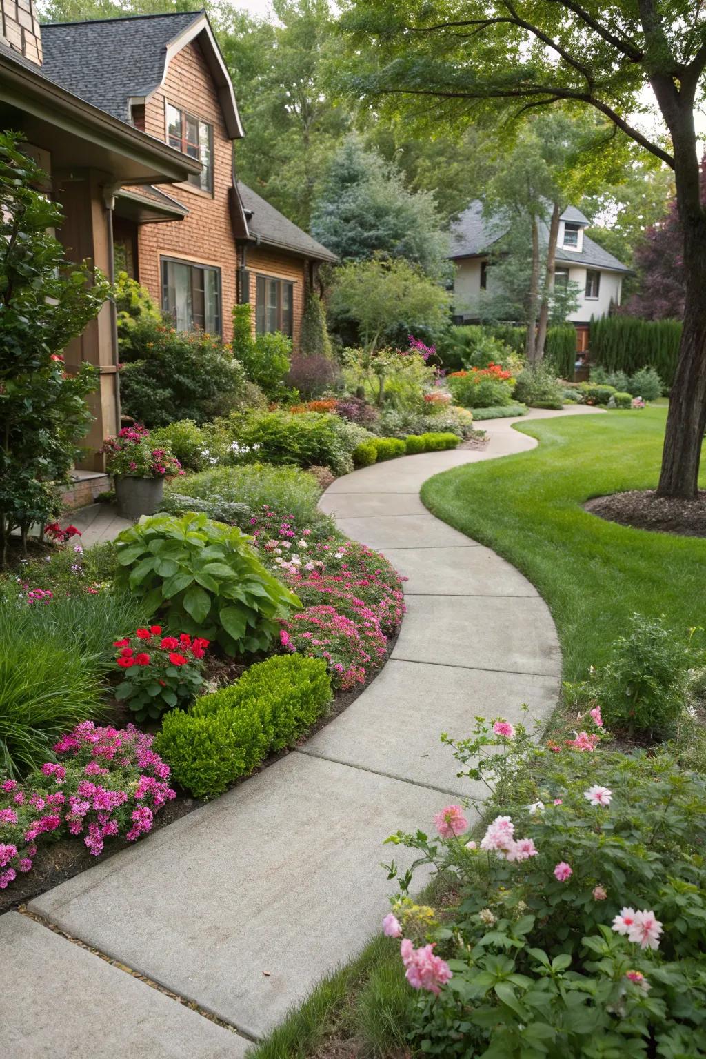 Greenery complements and softens the hardscape.