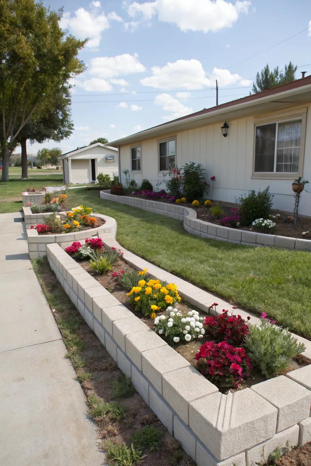 Concrete borders keep plants tidy and highlighted.