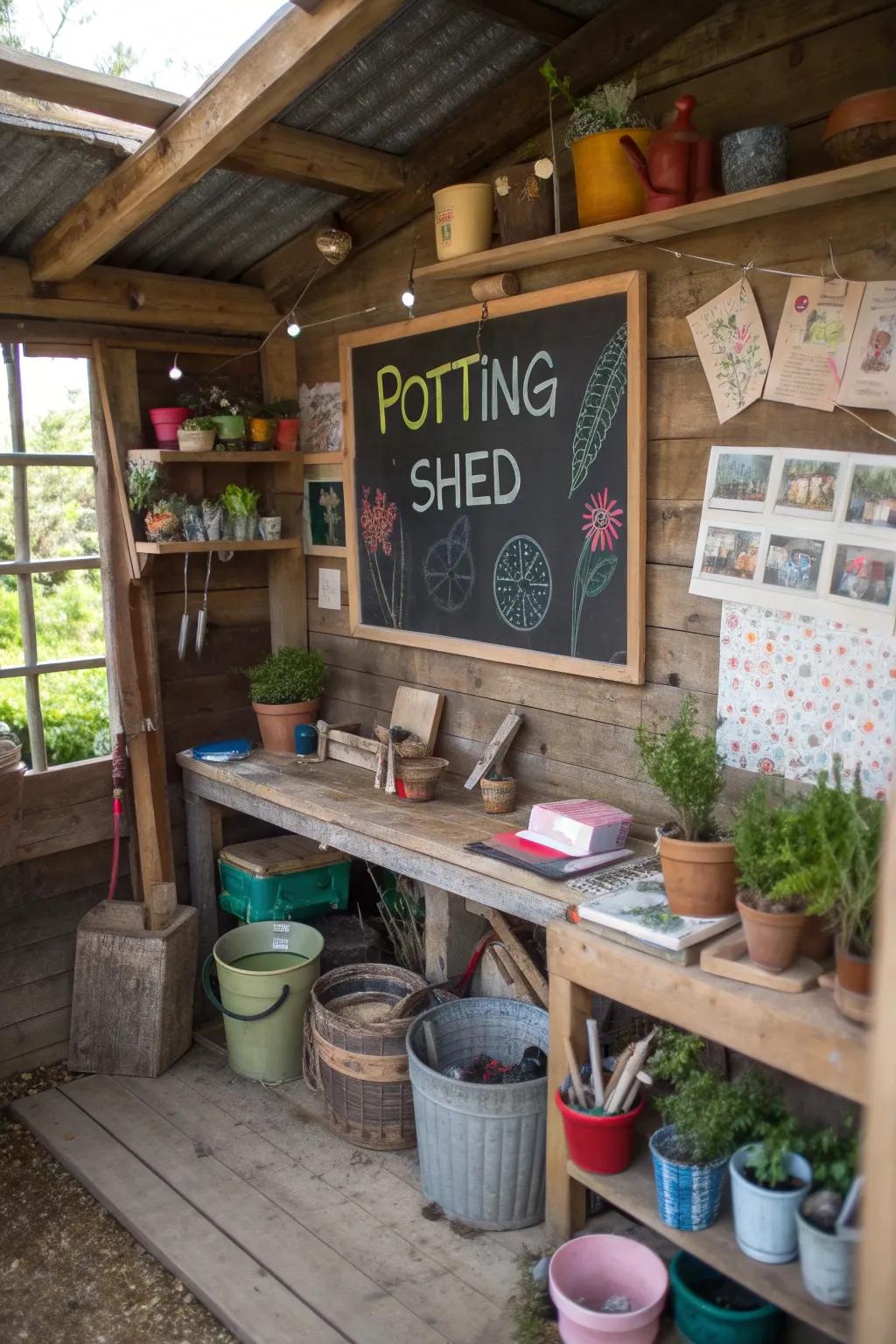 A chalkboard adds functionality and charm to a potting shed.