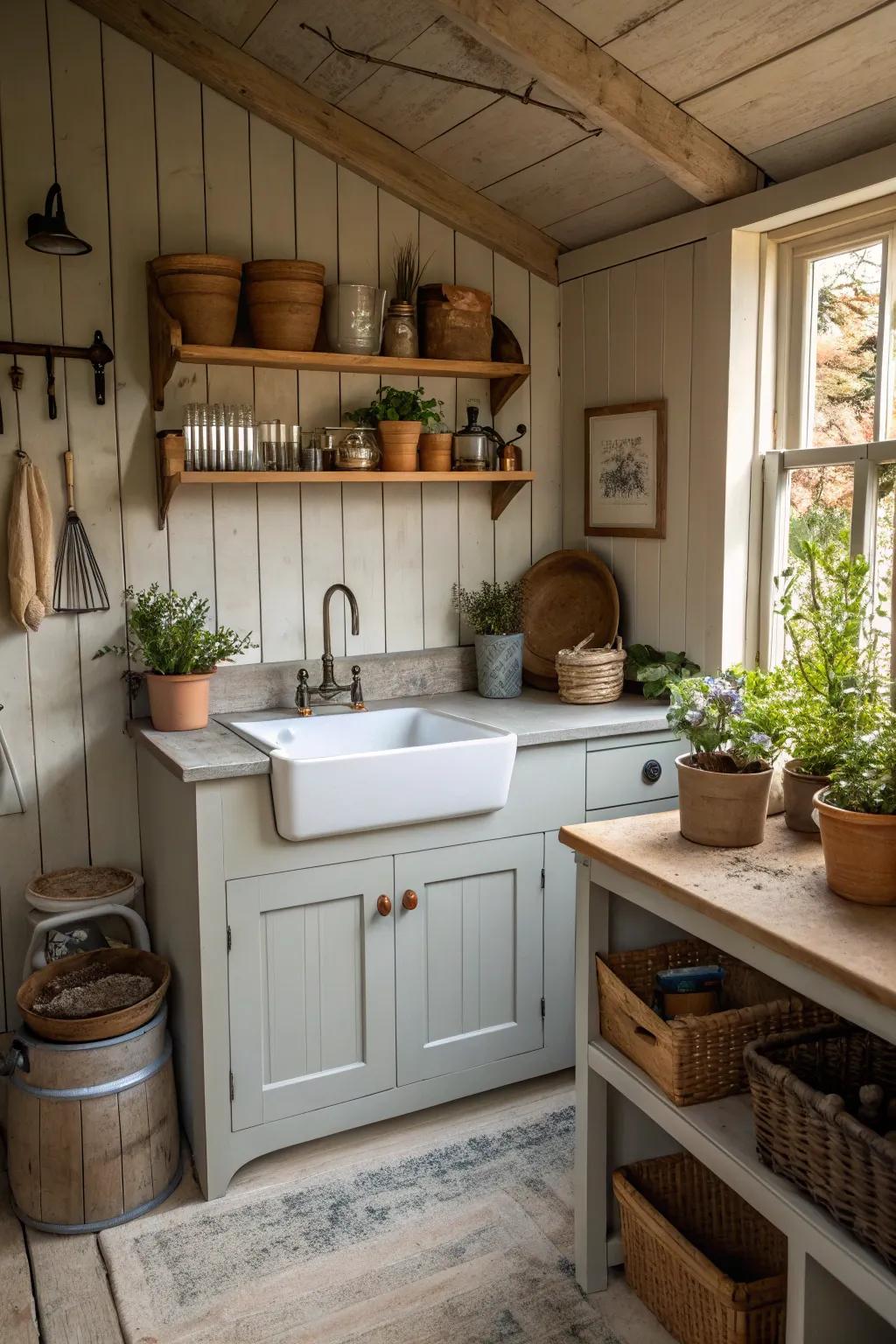 A small sink in a potting shed adds convenience and functionality.