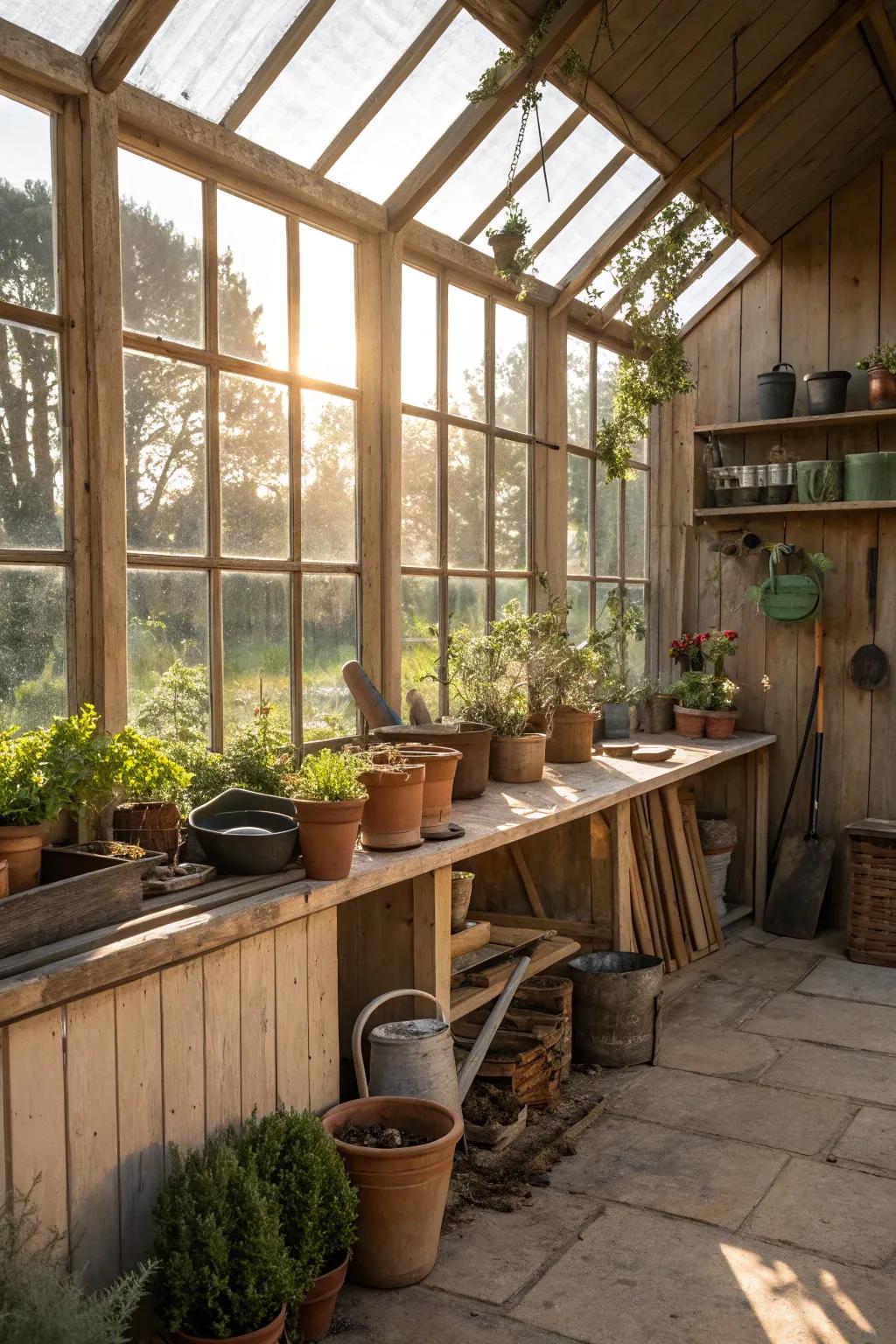 Natural light creates an airy and inviting potting shed.