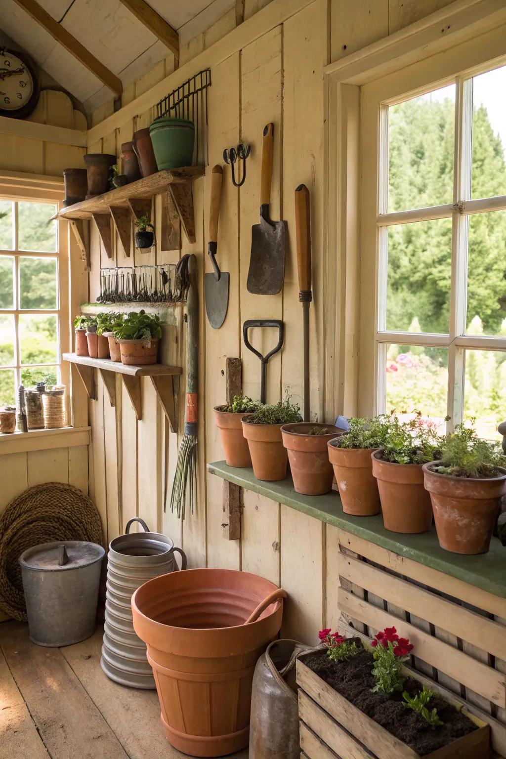 Hooks and racks keep gardening tools organized and accessible.