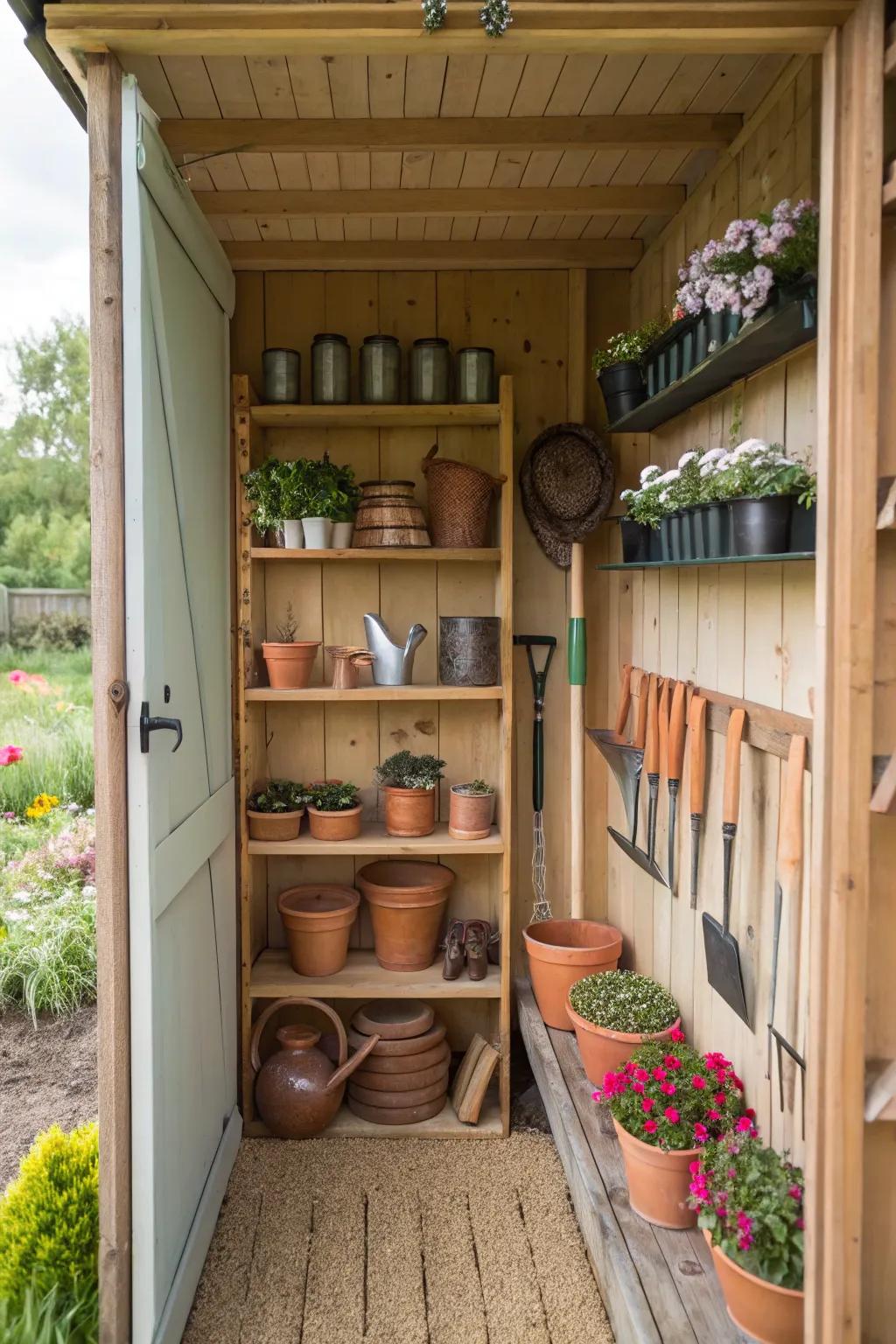Vertical shelving makes efficient use of limited space in a potting shed.