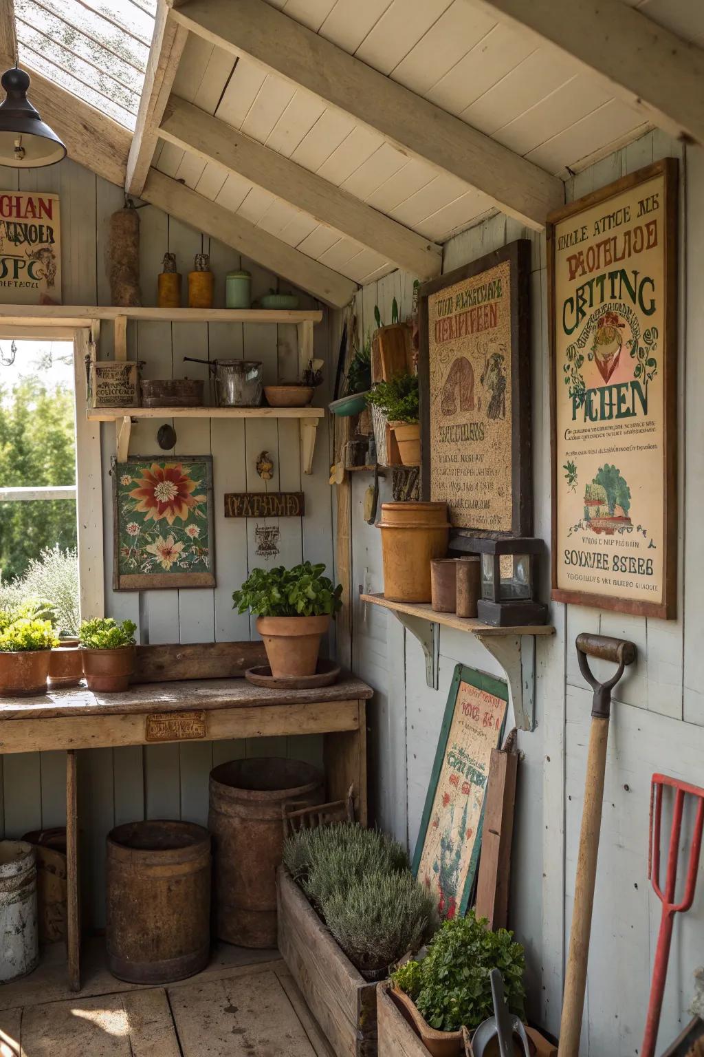 Personal touches like vintage signs add character to a potting shed.