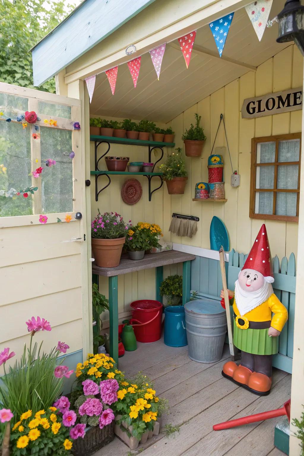 Whimsical touches add personality and fun to a potting shed.