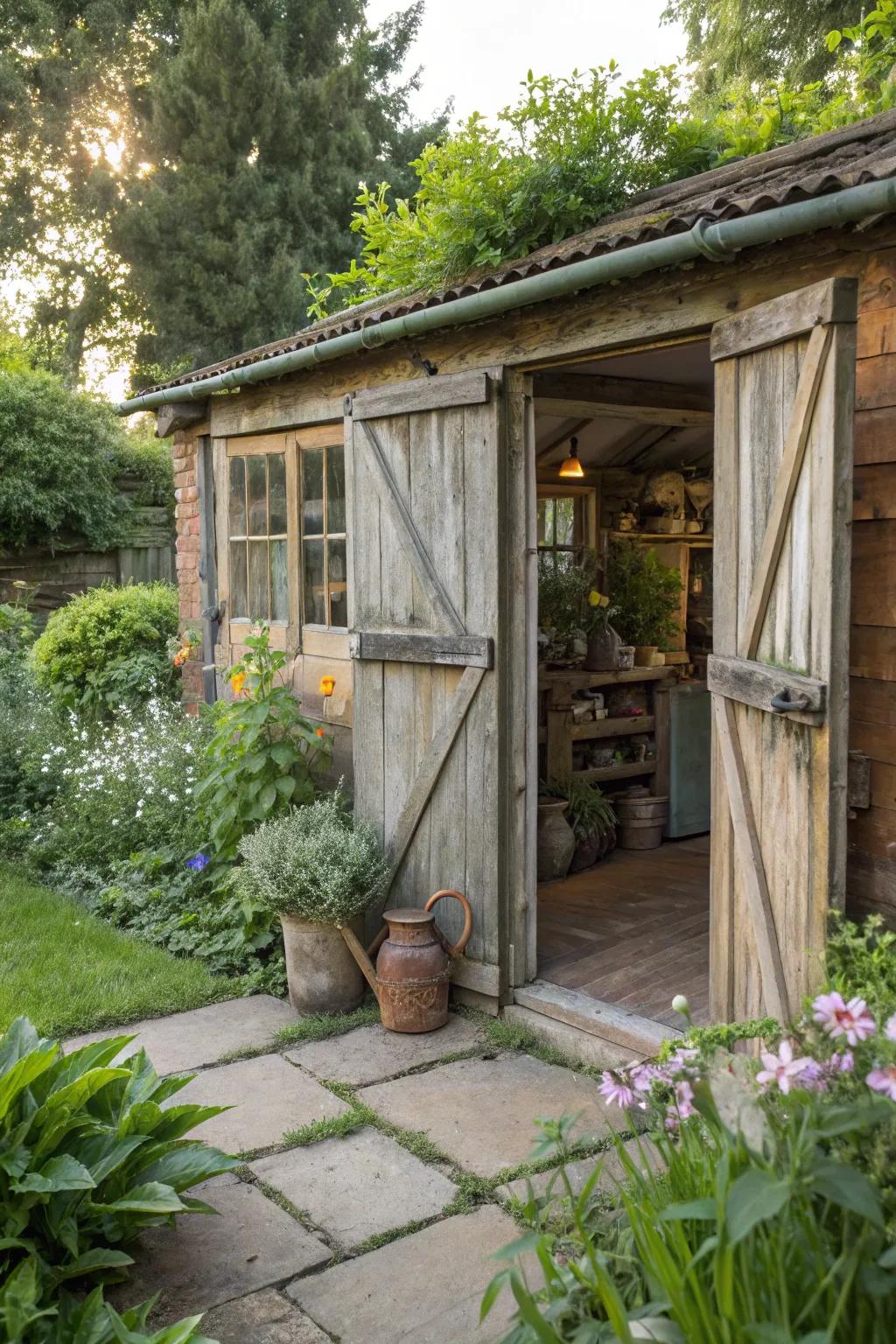 Sliding doors are space-saving and stylish for a potting shed.
