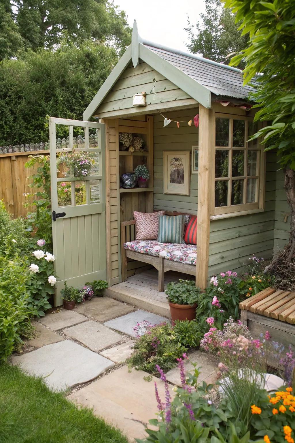 A seating area provides a cozy spot to relax in a potting shed.