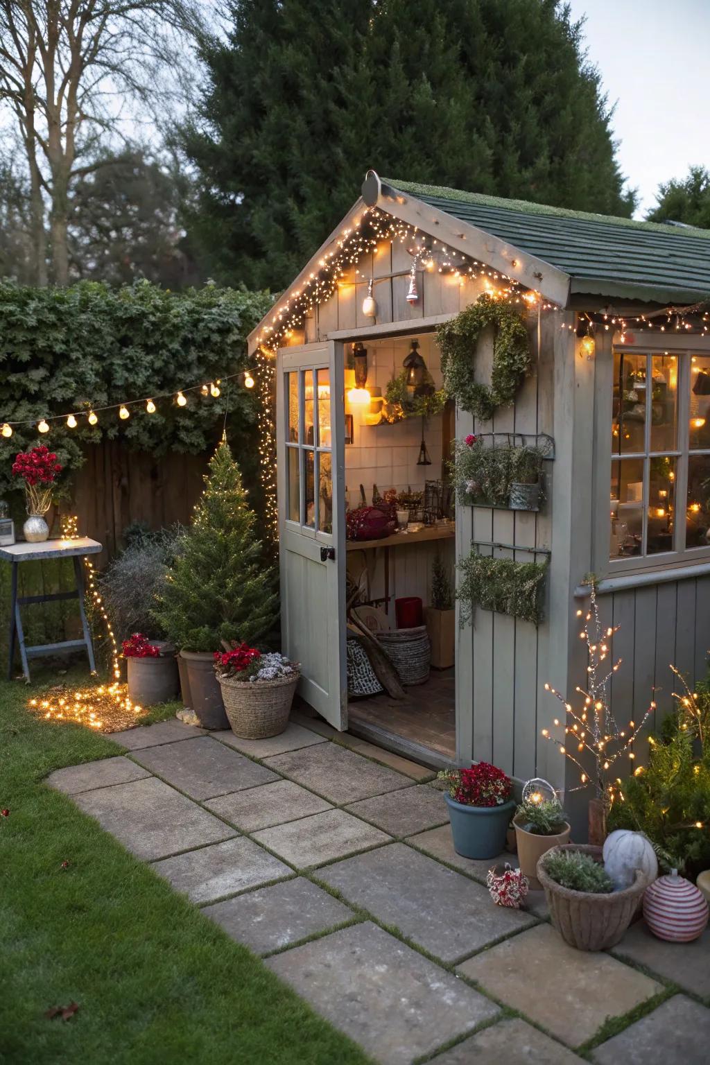 Seasonal decor keeps a potting shed feeling festive and fresh.