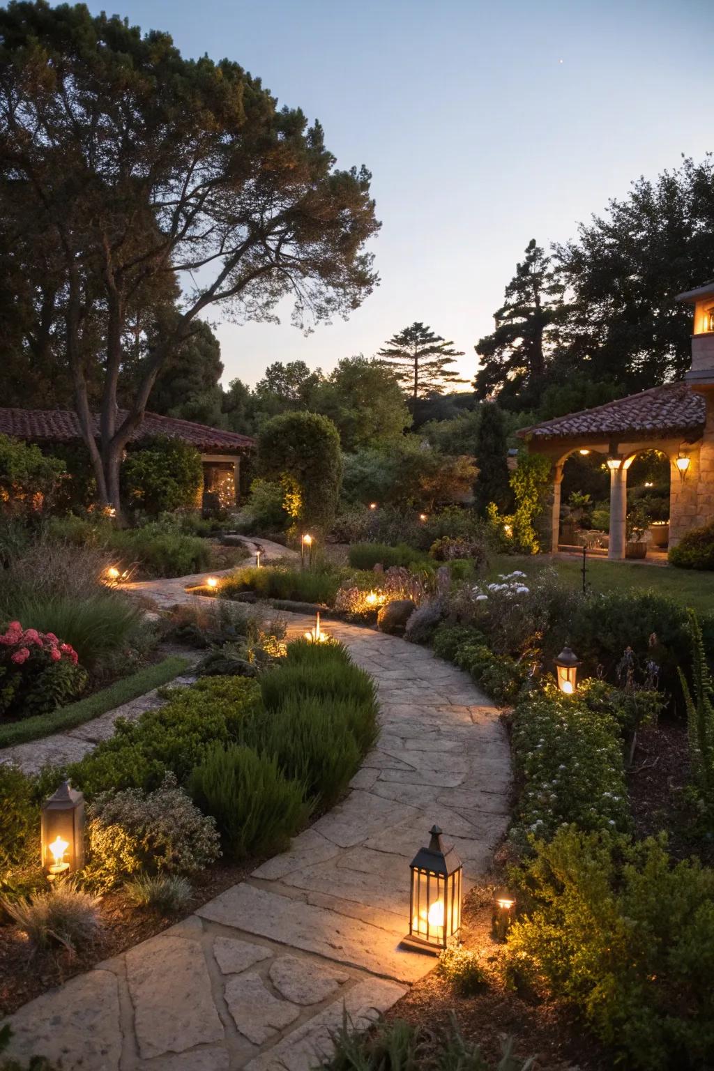 A garden glowing with the warm ambiance of landscape lighting.
