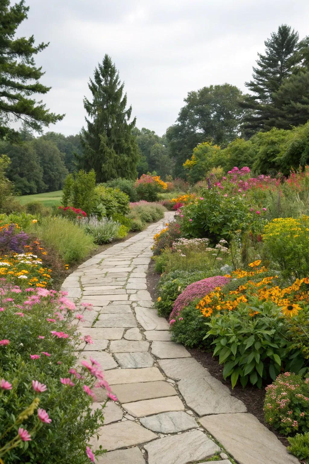 A charming stone pathway winding through a vibrant Indiana garden.