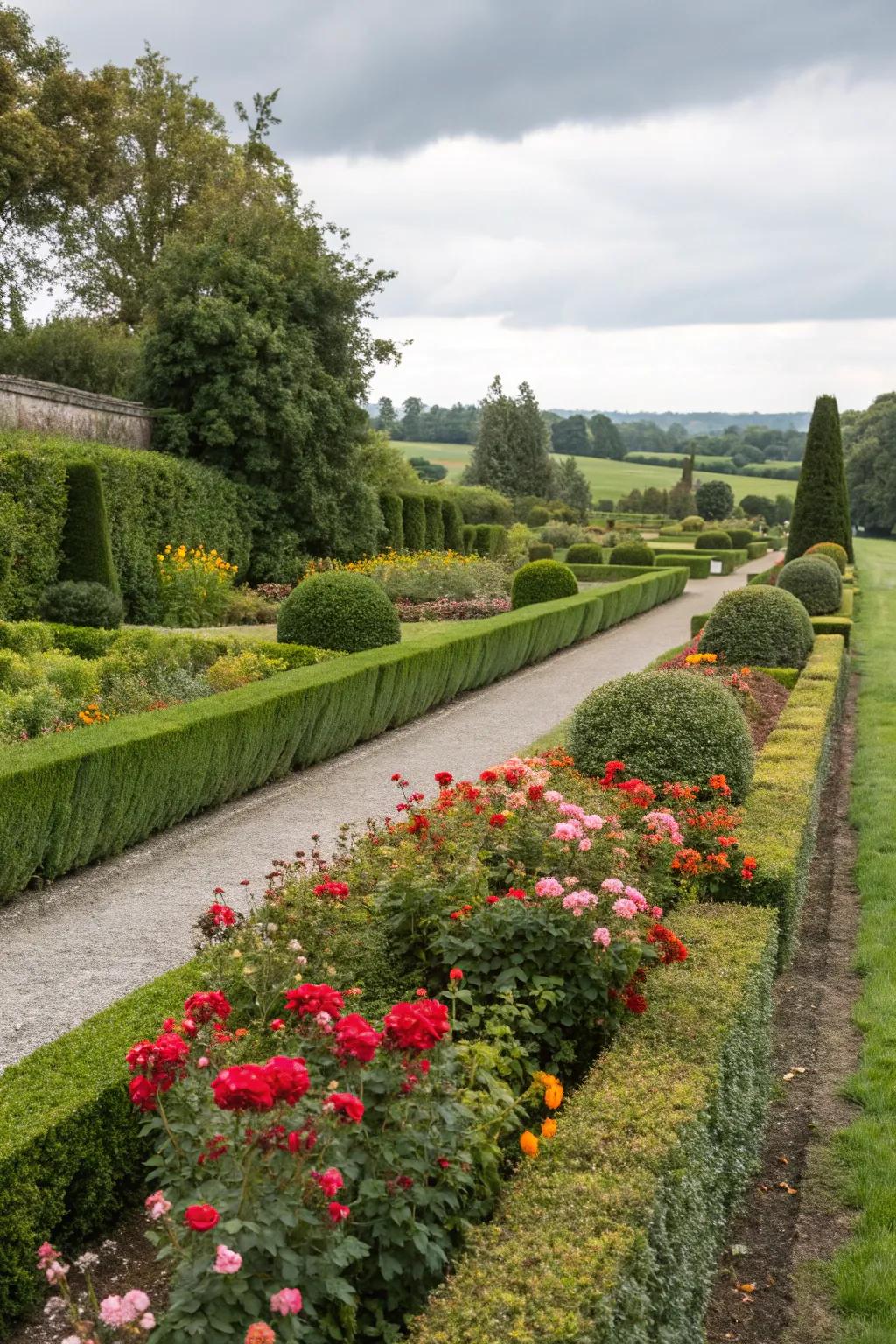 Evergreen boxwood hedges providing a lush backdrop in a vibrant garden.