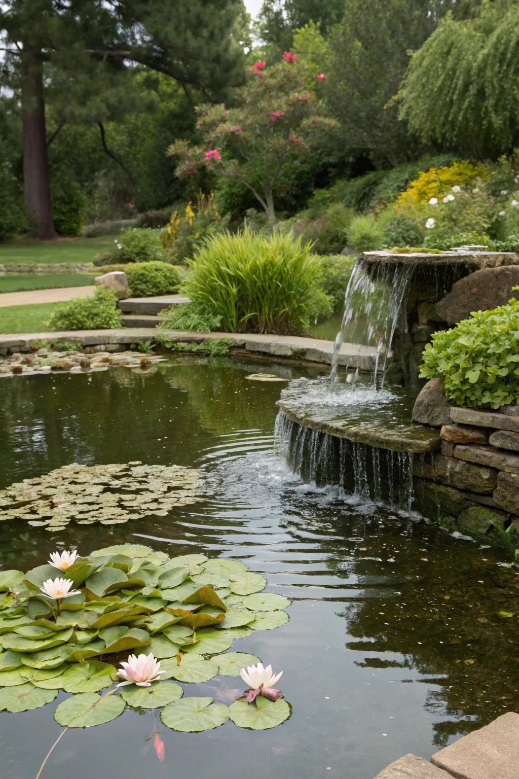 A tranquil garden pond with a gentle cascading fountain.