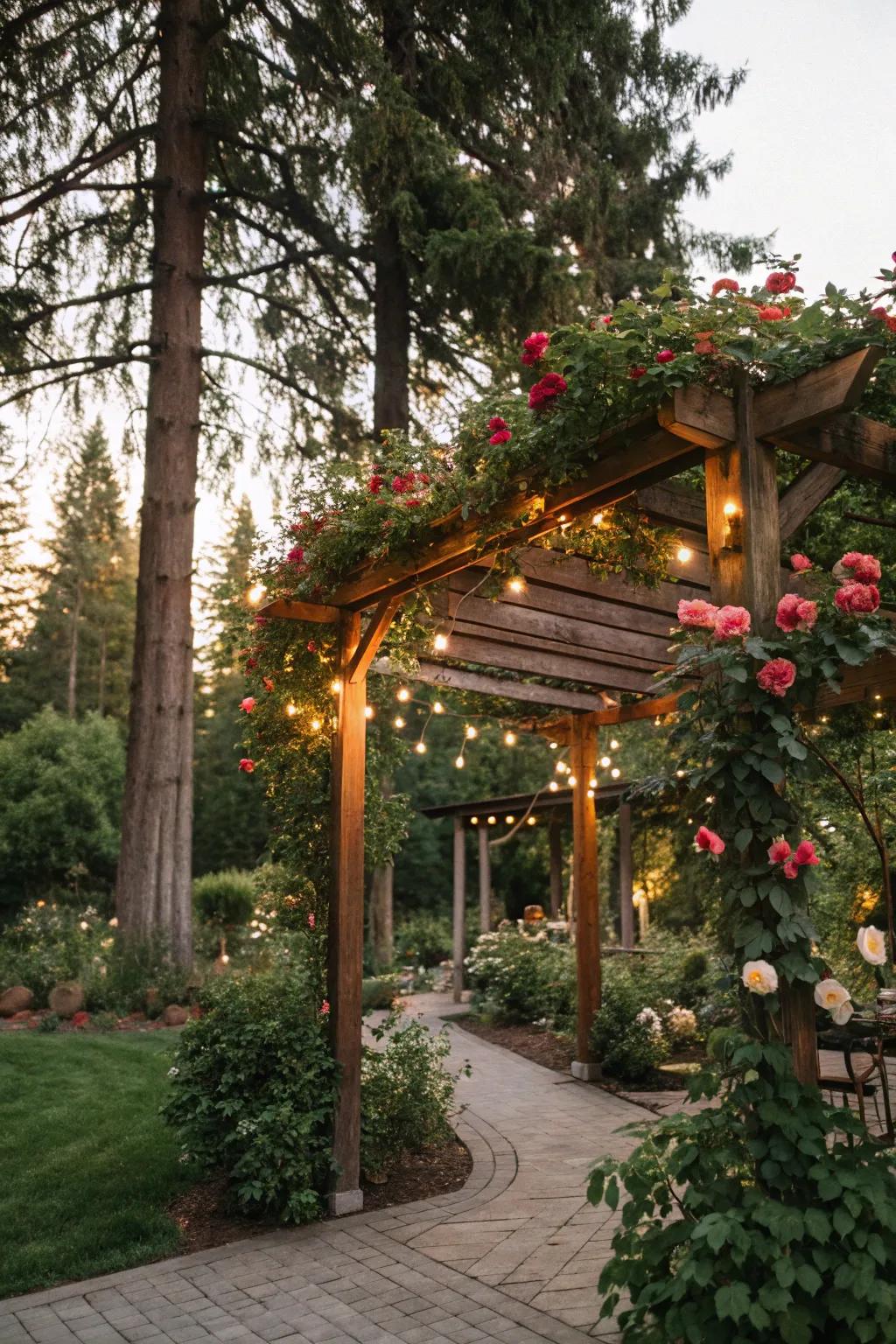 A charming pergola draped with roses and illuminated by fairy lights.