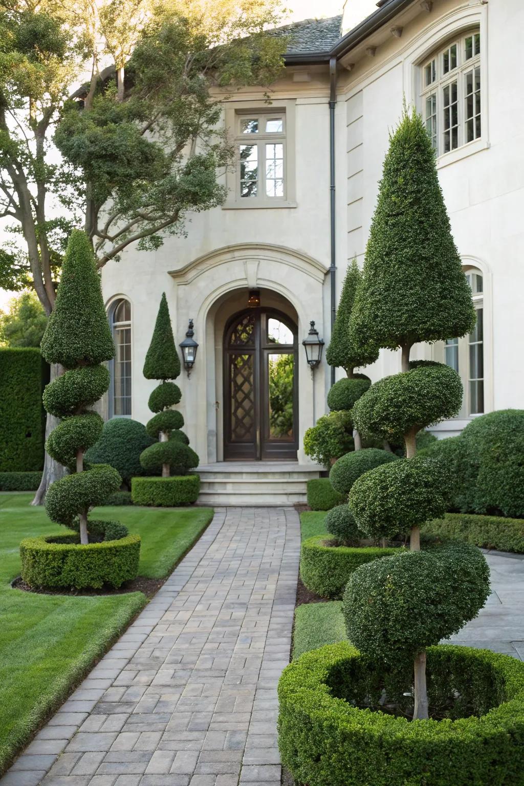 Sculpted topiaries add elegance and whimsy.