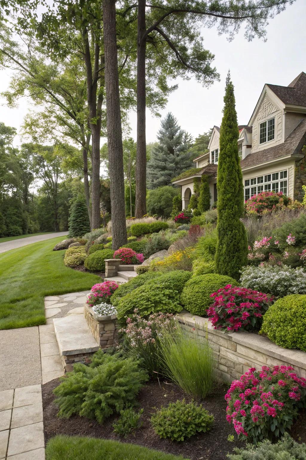 Layered plantings add depth and visual interest.