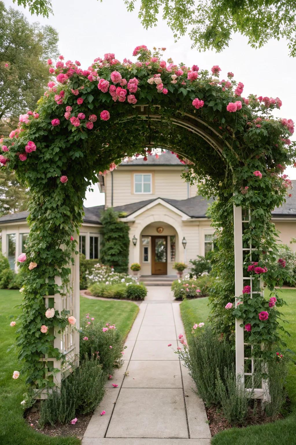 An arched arbor with climbing plants creates a stunning focal point.
