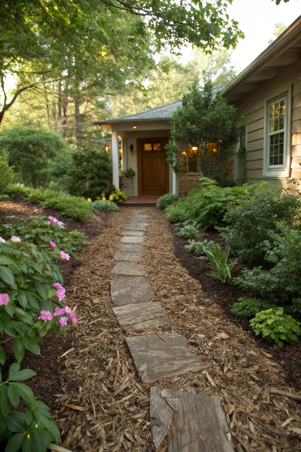 Natural mulch pathways add a cozy, organic touch.
