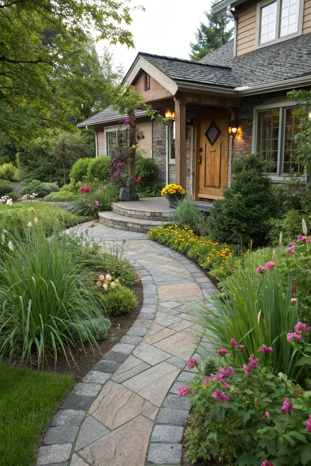 Elegant curved stone pathway adds sophistication to the entrance.