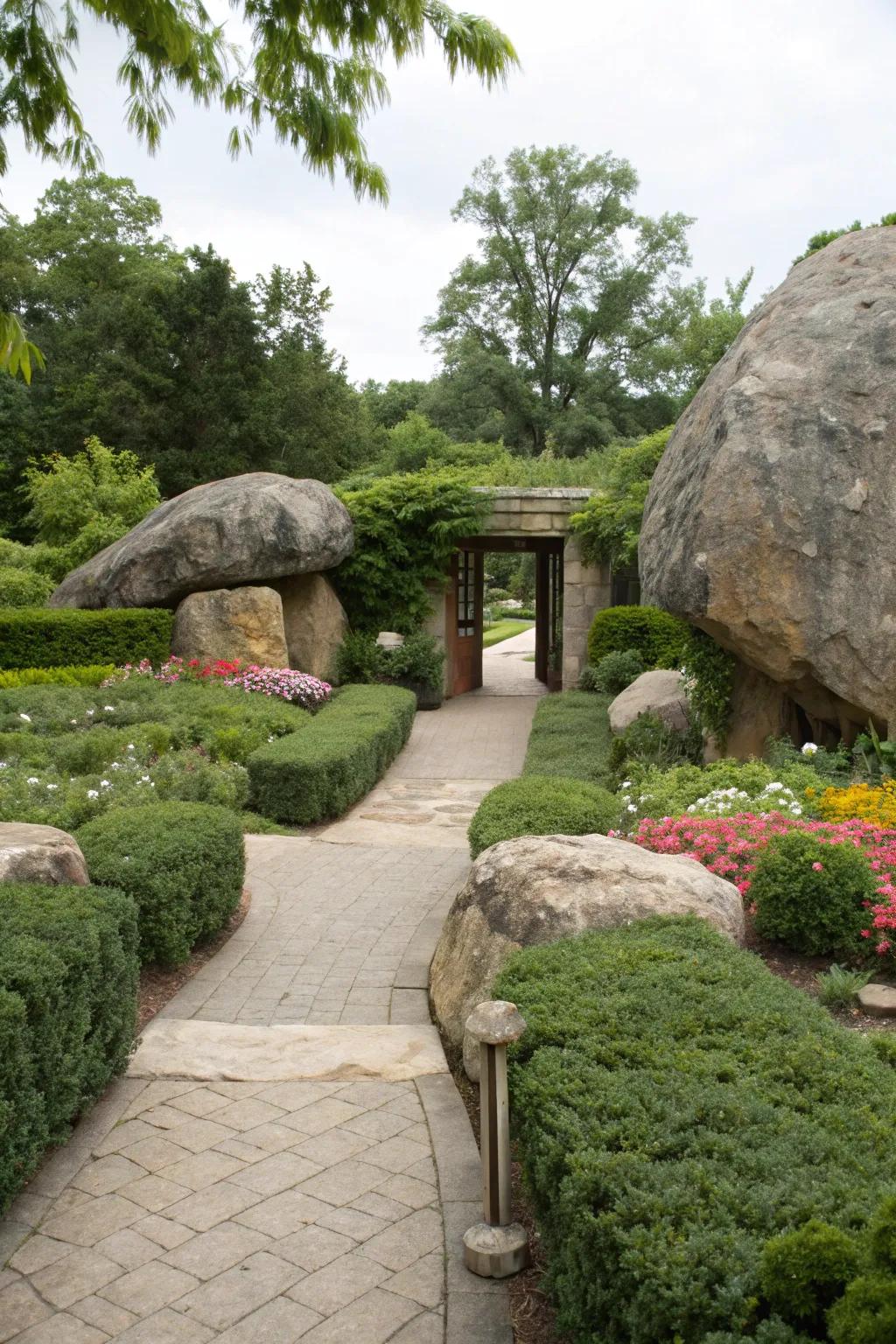 Natural stone features add rustic charm to the entrance.