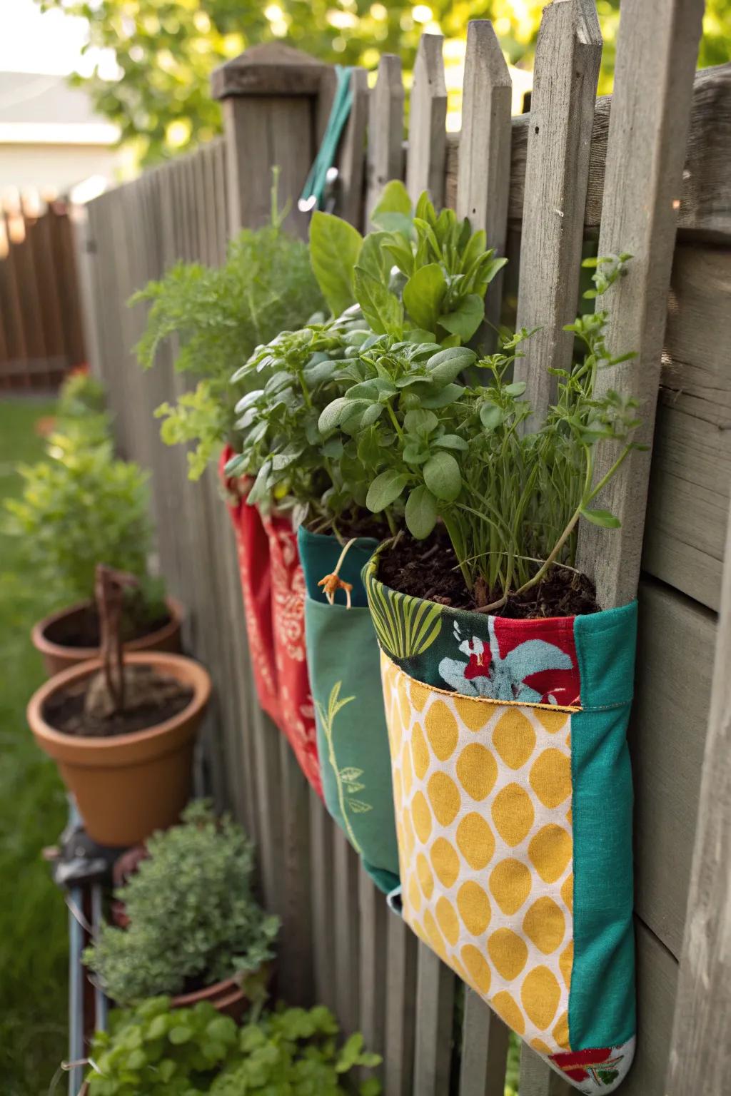 Cloth pocket planters for a soft touch of greenery.