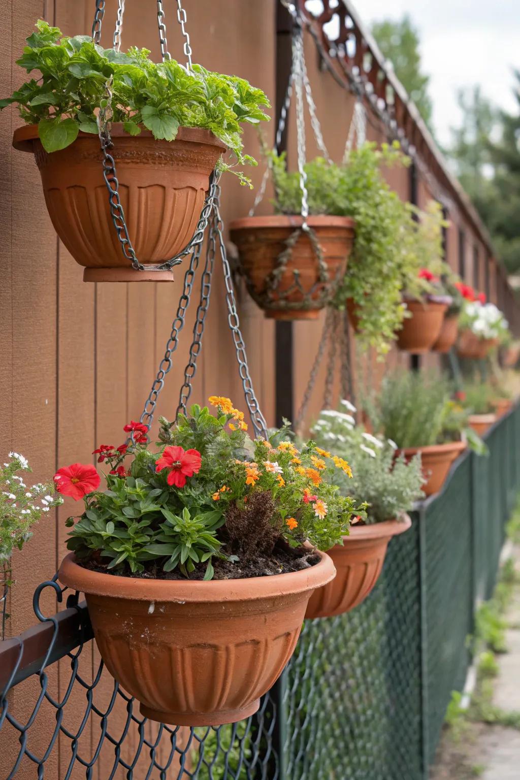 Cascading terracotta pot chains for a stunning vertical garden.