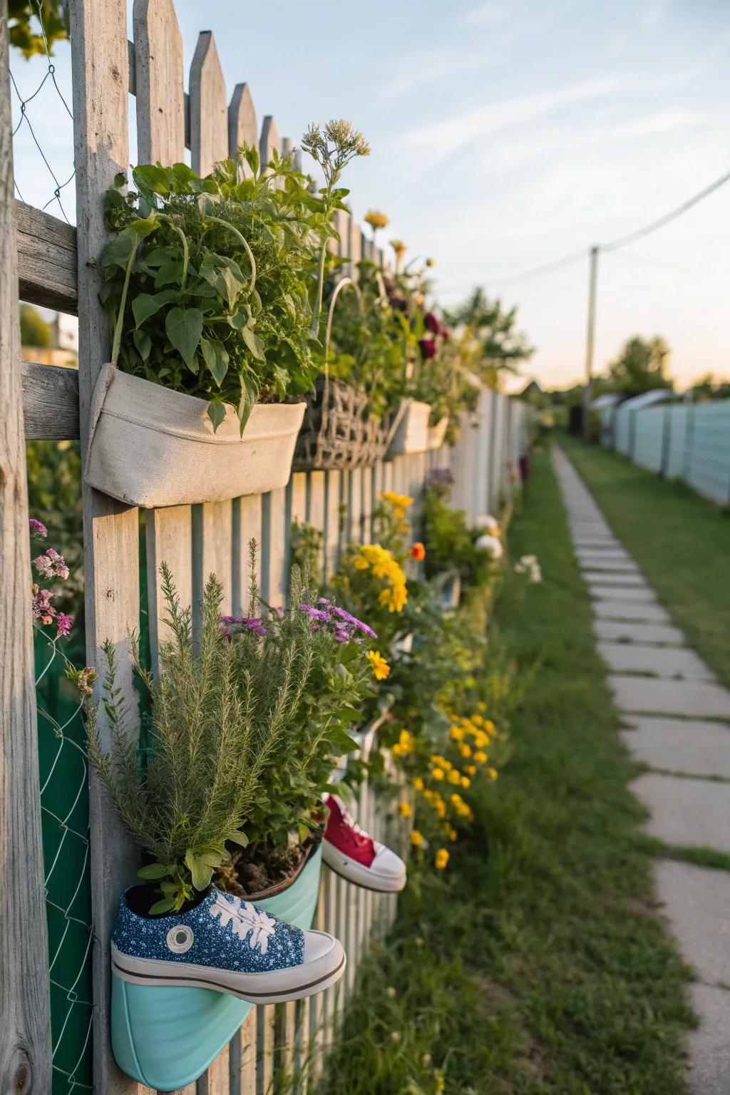 Shoe organizers repurposed into practical vertical planters.