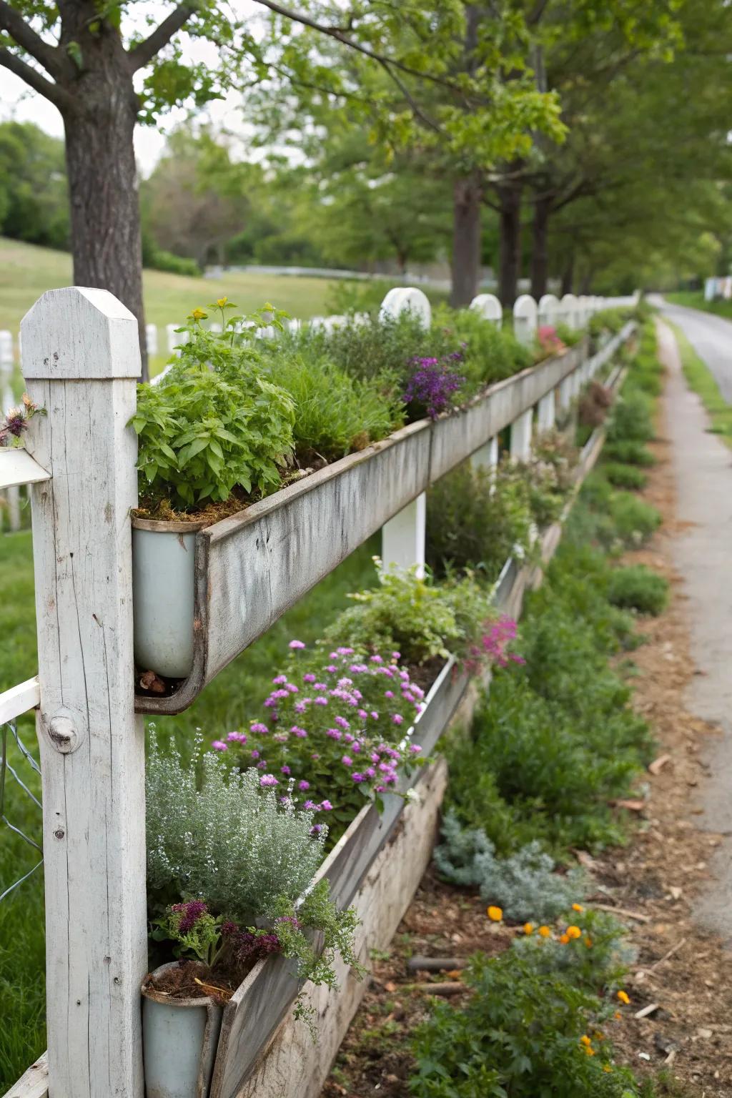 Old gutters upcycled into sleek horizontal planters.