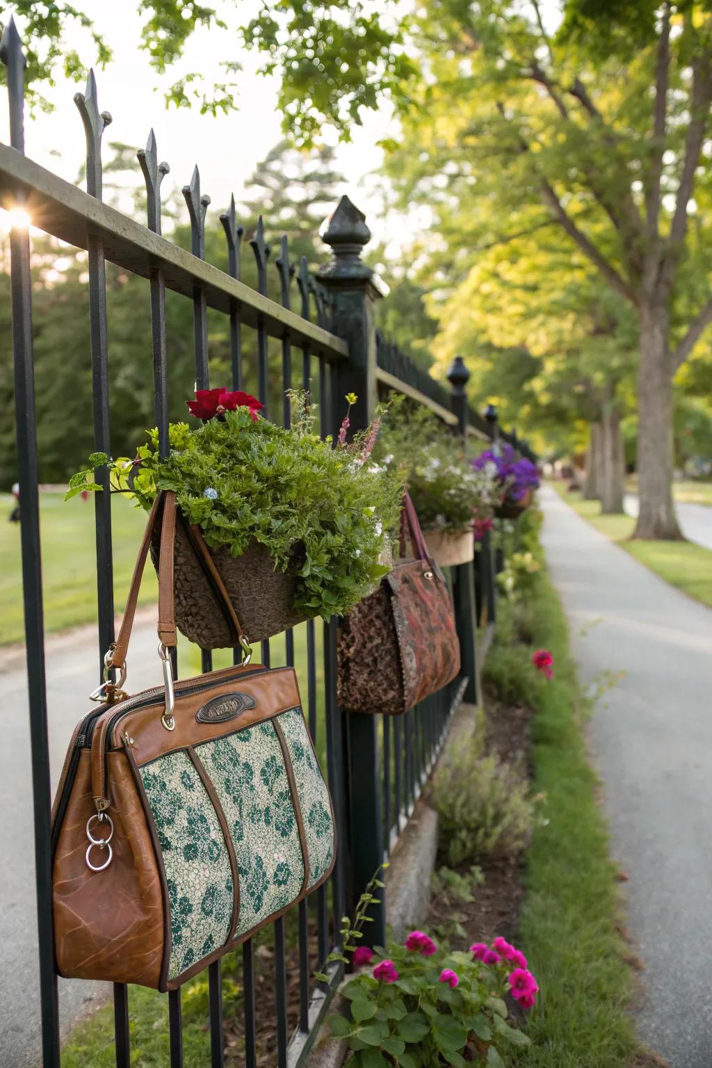 Vintage purses transformed into whimsical hanging planters.