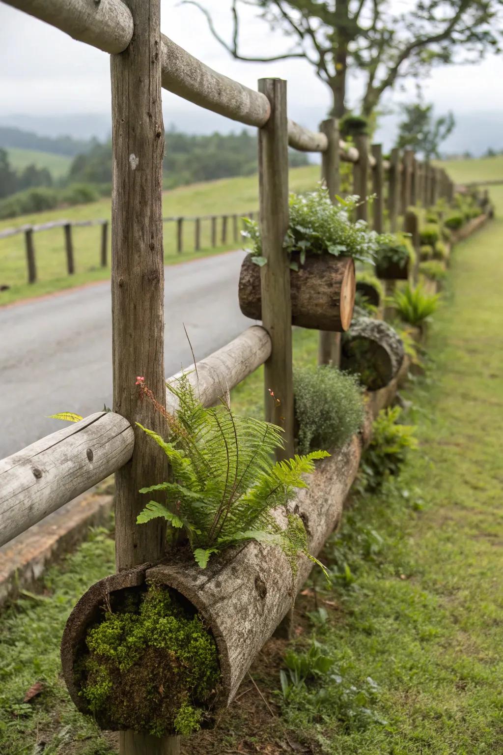Rustic hollowed logs create a woodland vibe on your fence.