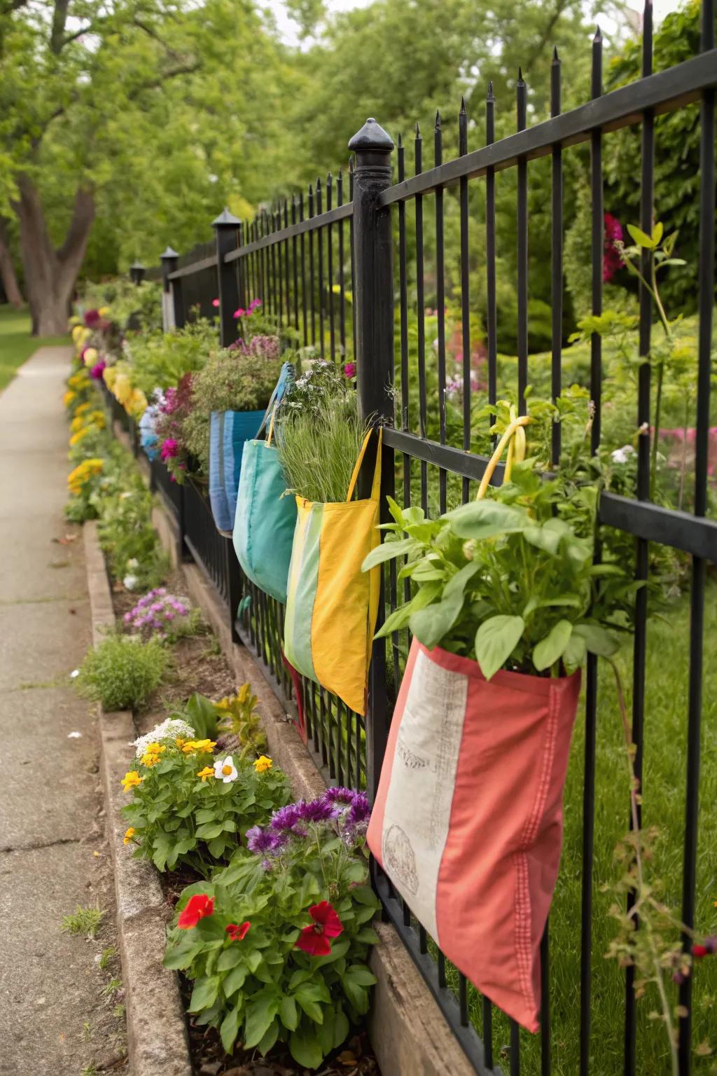 Rustic fabric bags for a soft, movable planting solution.