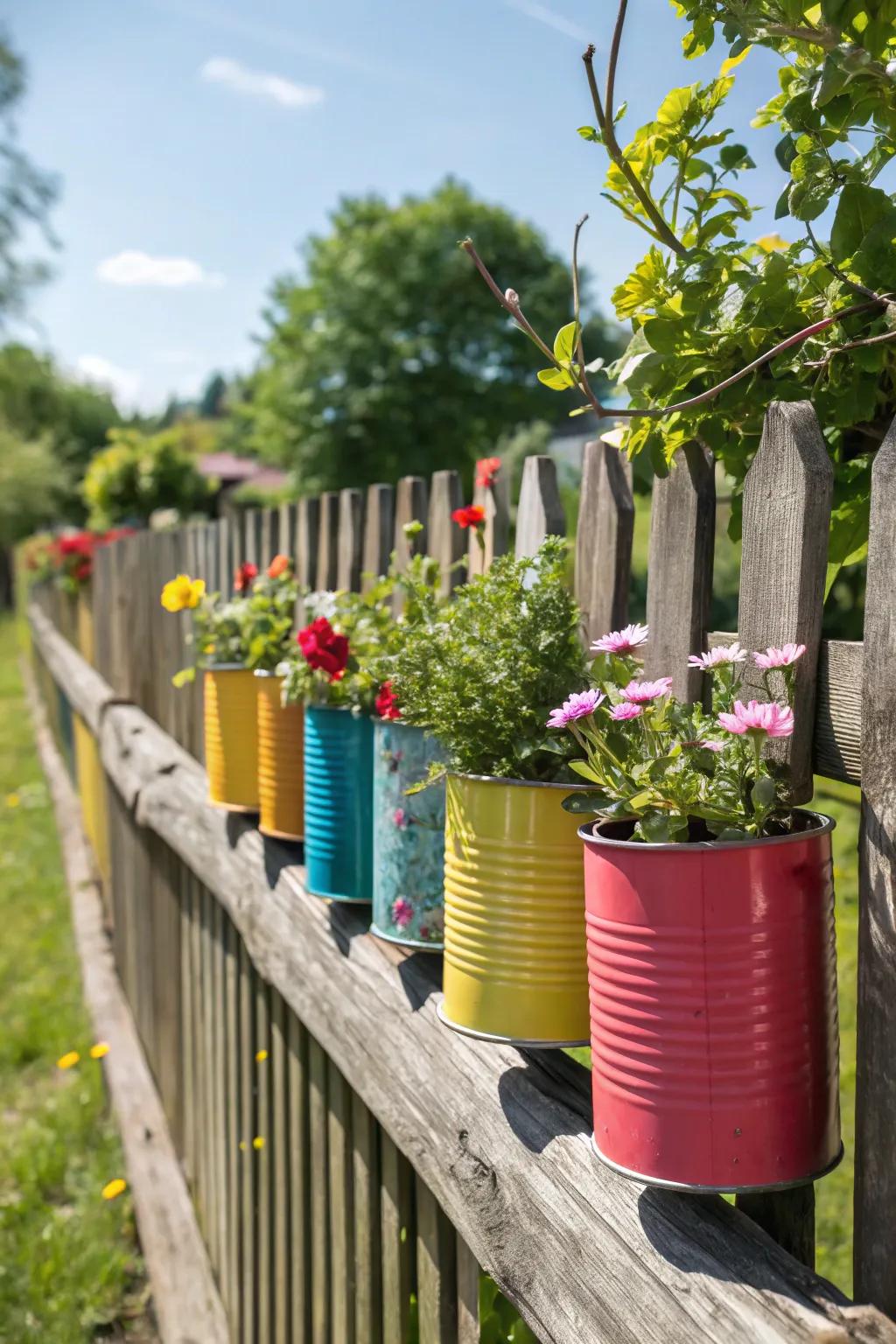 Colorful tin cans repurposed into charming hanging planters.