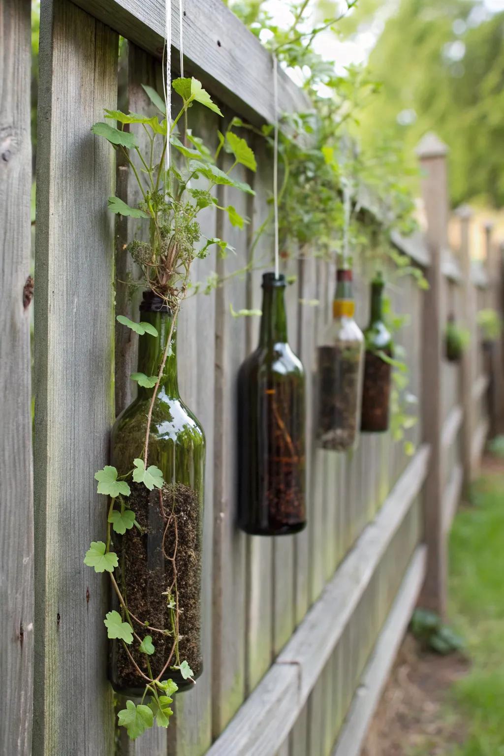 Artistic wine bottle planters for a unique garden flair.