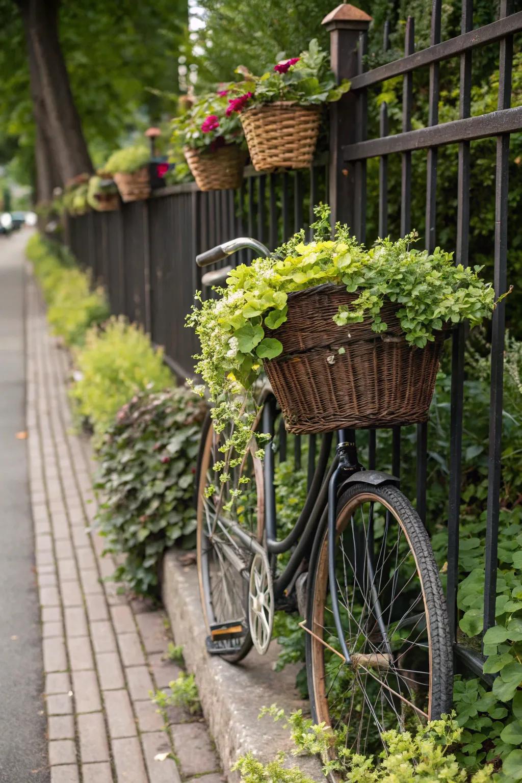 Nostalgic bicycle baskets repurposed into charming planters.