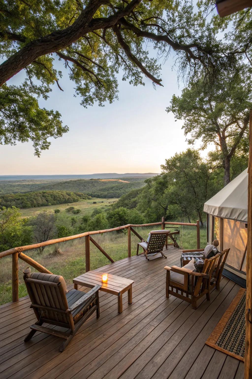 An elevated deck provides a serene spot to unwind.