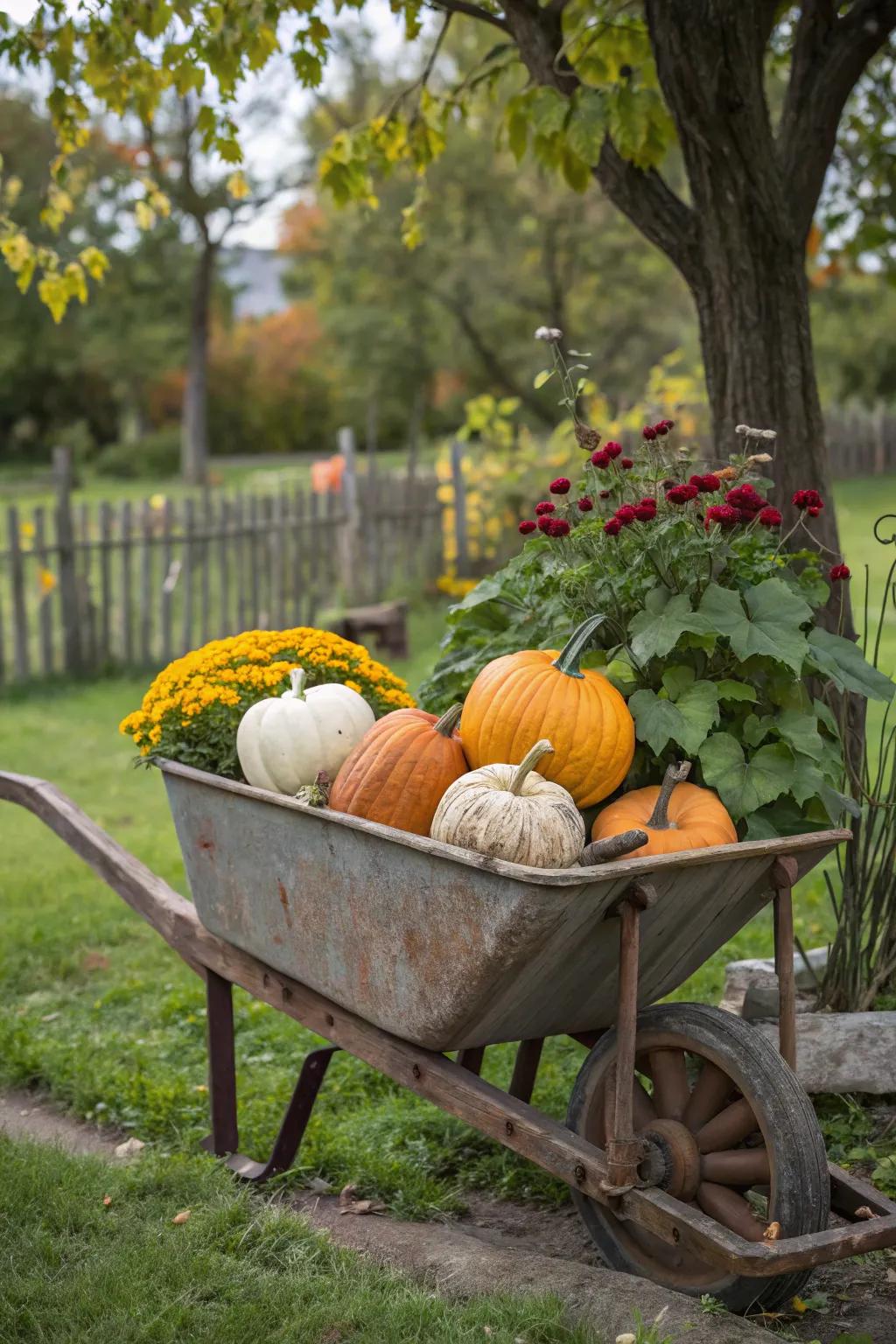 A wheelbarrow display adds rustic charm and functionality.