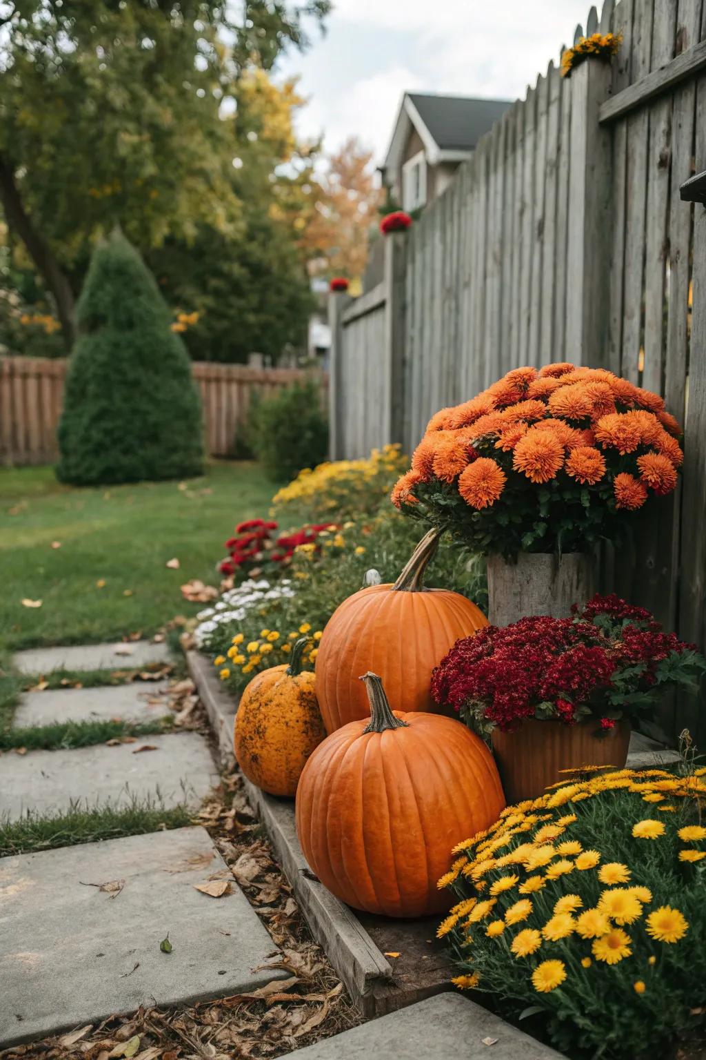 Seasonal flowers add vibrant color and beauty.