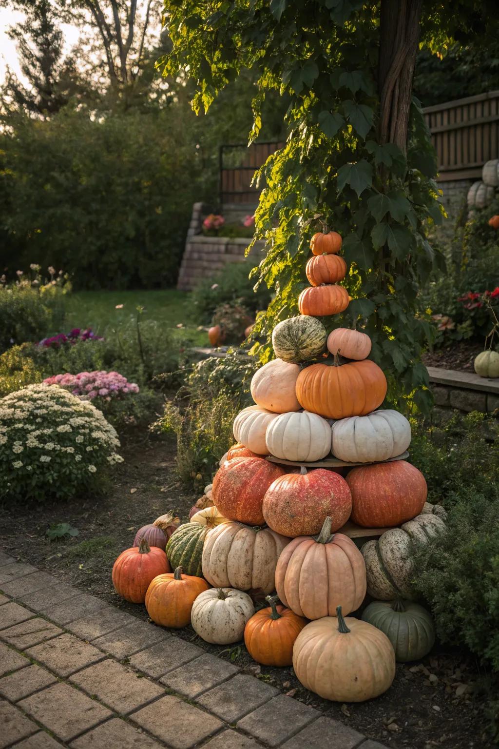 A pumpkin pyramid creates a stunning focal point.