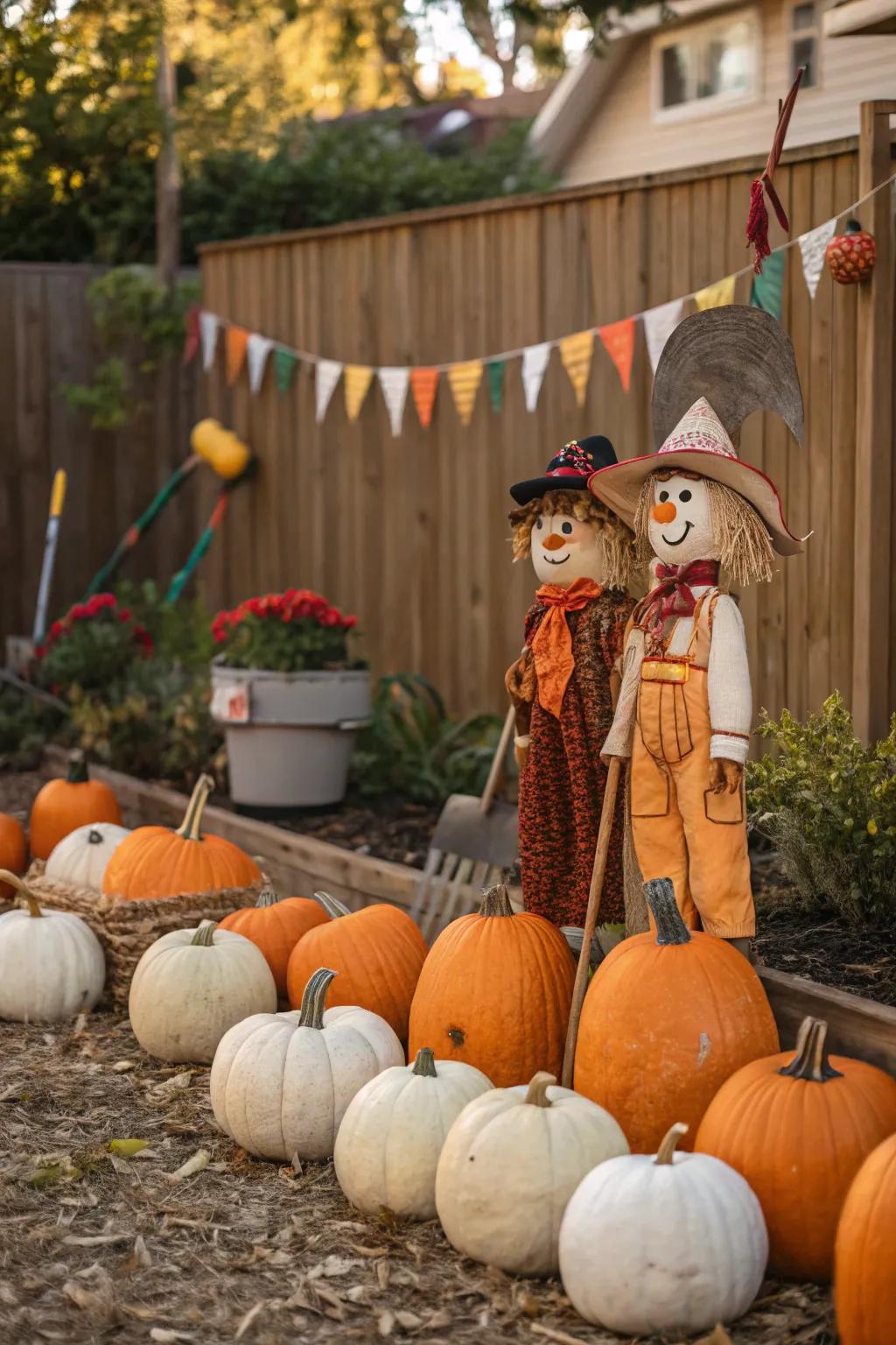 Scarecrows add a whimsical and traditional touch.