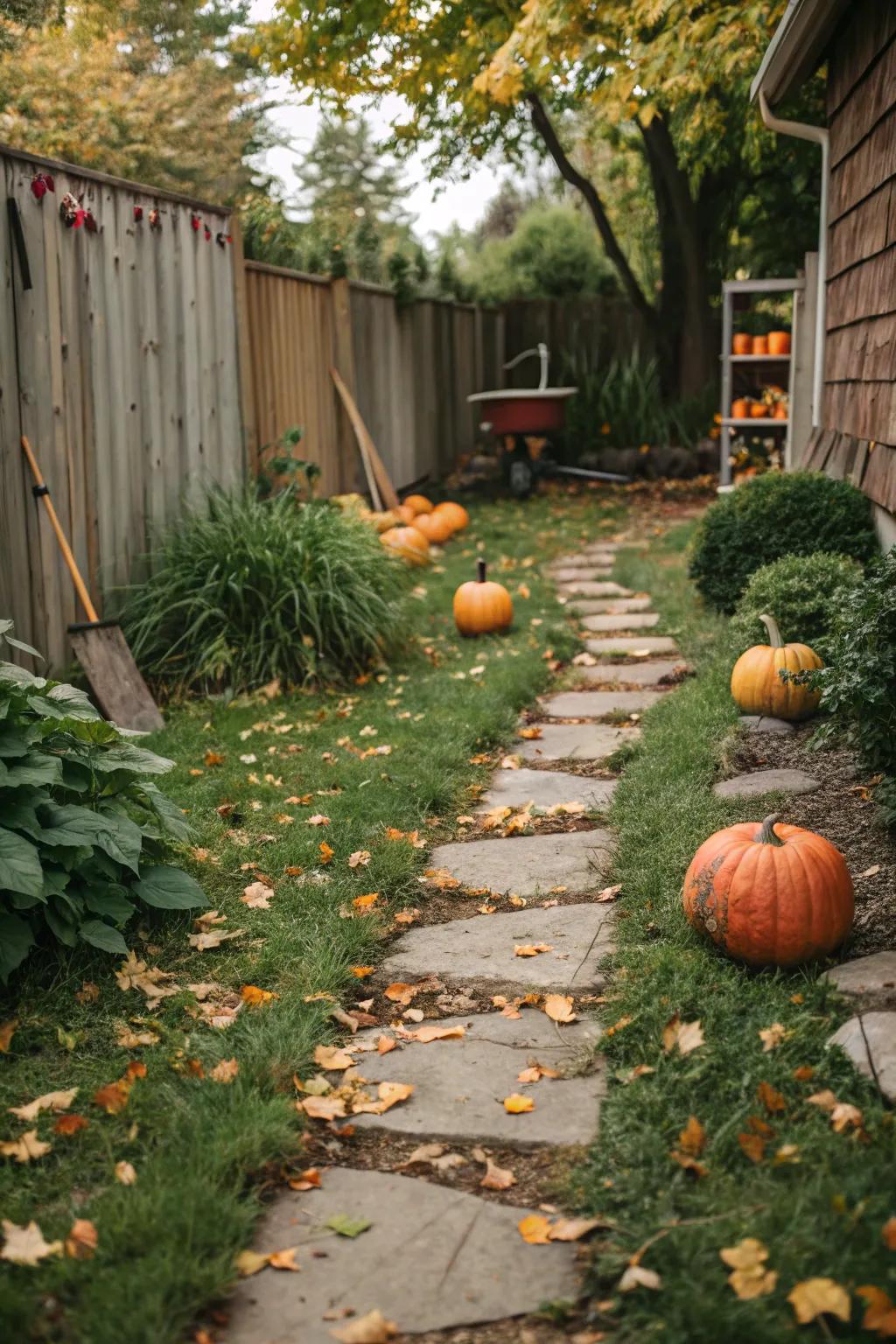 A pumpkin-lined path invites exploration.