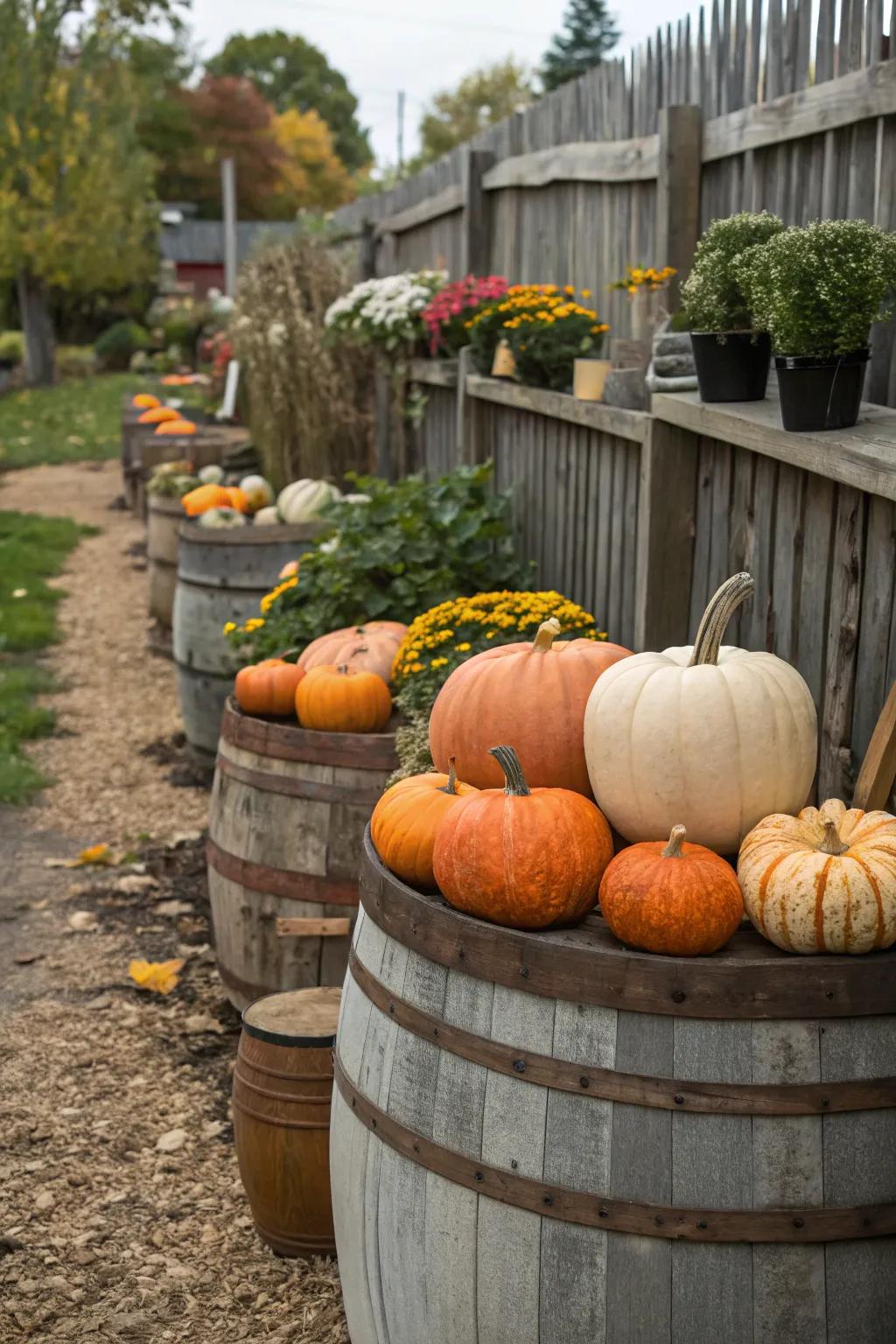 Barrels provide elevation and visual interest.