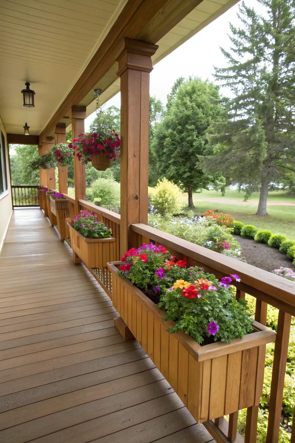Planter boxes in railings add a lush, green dimension.